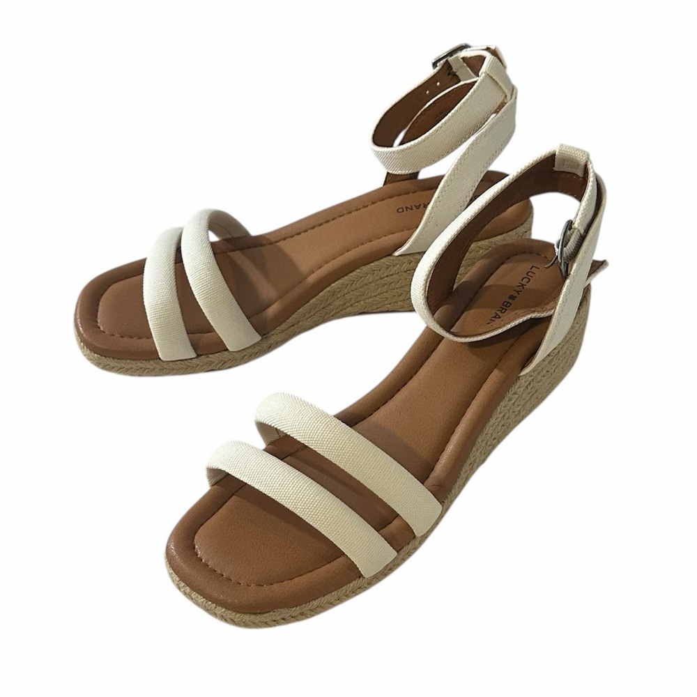 NWOB Lucky Brand White & Tan Wedge Heels 9.5